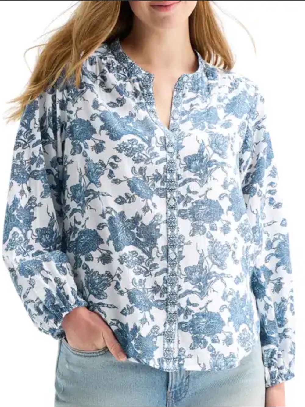 Lucky Brand White and Blue Floral Print Long Sleeve Top 100% cotton Large